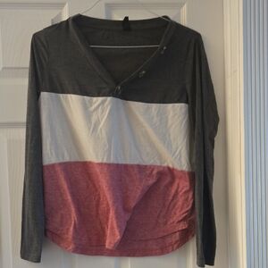 Colorblock Long Sleeve Top - Gray, White, Pink